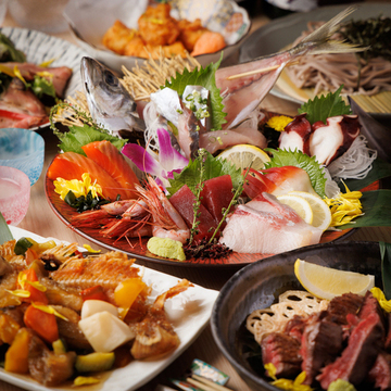 <3時間飲み放題>【 黒毛和牛(or松坂牛)ステーキと鮮魚五種盛り,海鮮玉手箱,鮪巻コース | 全10品/7,980円 】