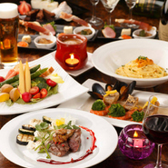 前菜〜メイン、デザートまでが一度に楽しめるお得なコースが4000円~ご用意　カクテルも300種以上が飲み放題