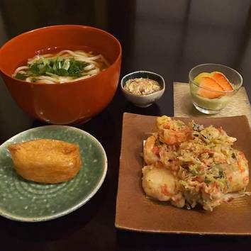 名物 帆立と海老のかき揚げうどん又は蕎麦